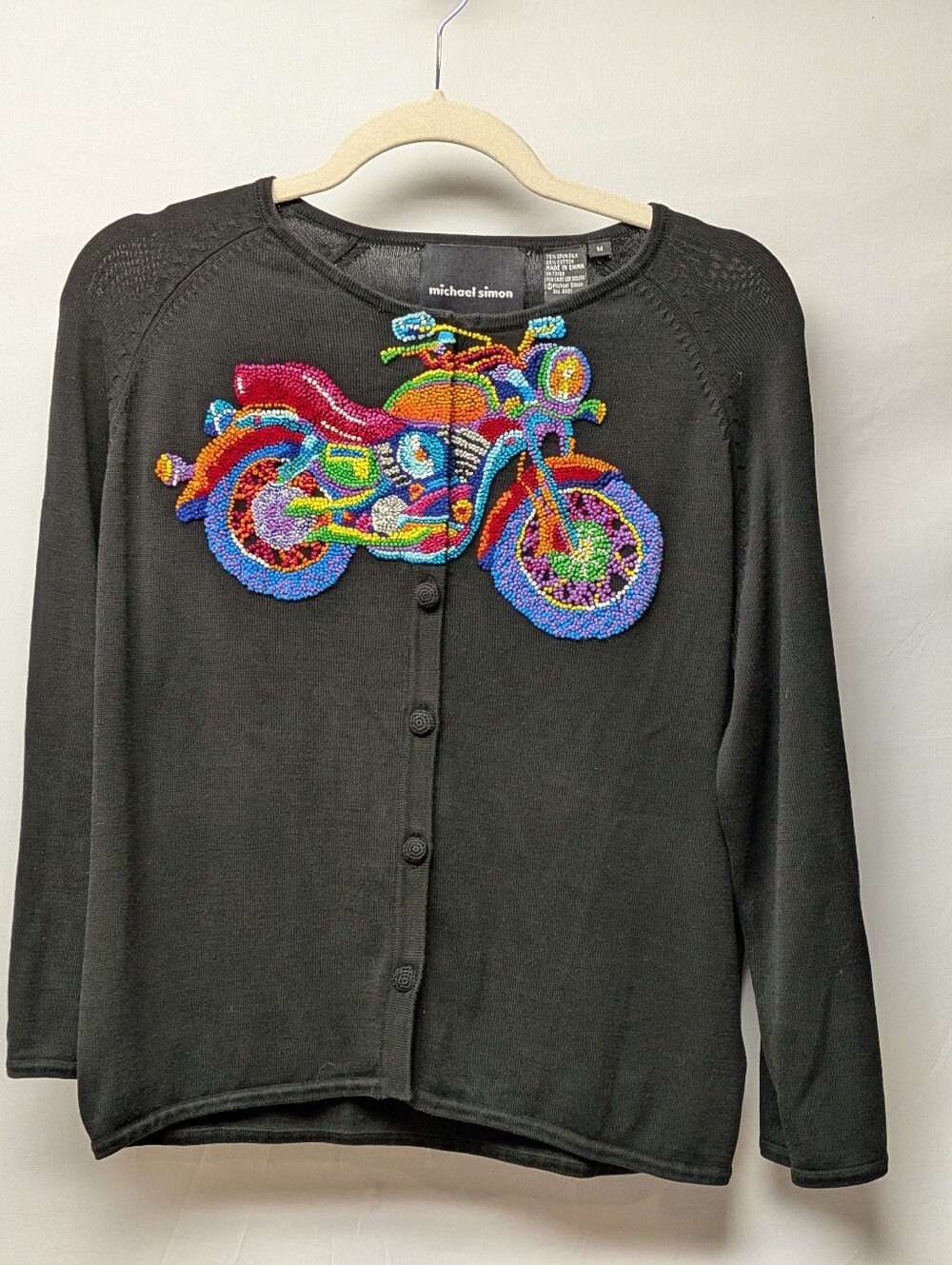 Michael Simon Motorcycle Nodded Embroidery Black Cardigan